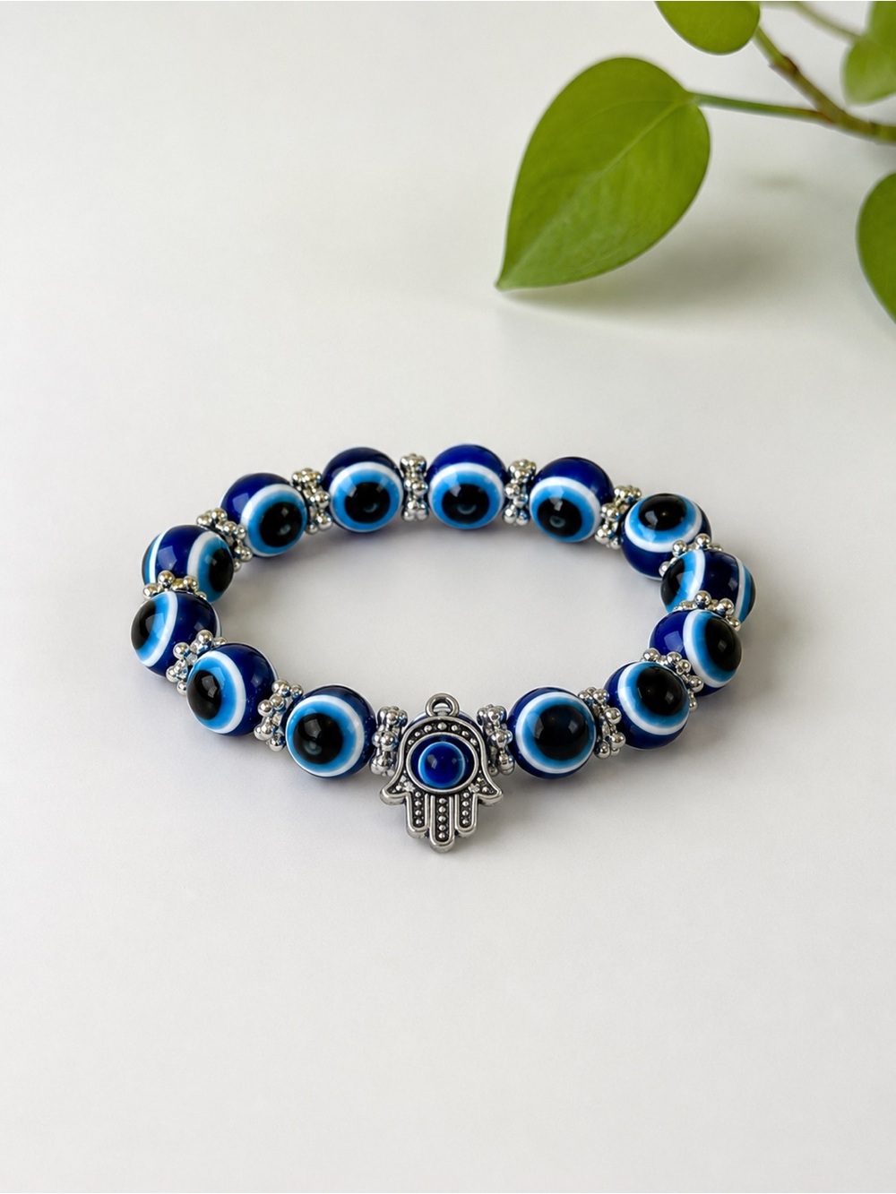Blue Evil Eye Hamsa Stretch Bracelet with Silver Accents